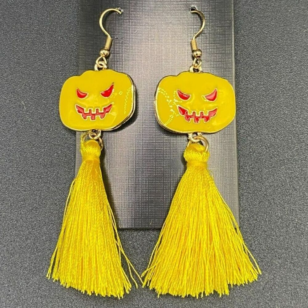 Yellow Jack‑O‑Lantern Tassel Earrings Halloween Spooky Season Design
